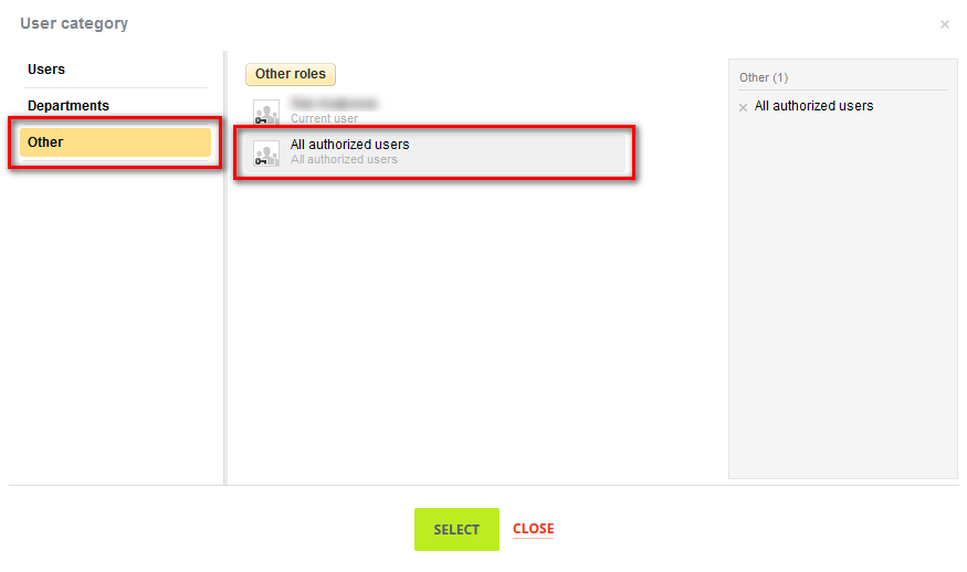 Other → All authorized users → Select